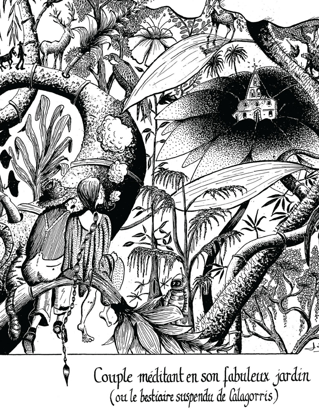 Toile 30x40 cm : illustration noir et blanc d’un couple méditant dans un jardin fantastique
