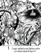 Toile 30x40 cm : illustration noir et blanc d’un couple méditant dans un jardin fantastique