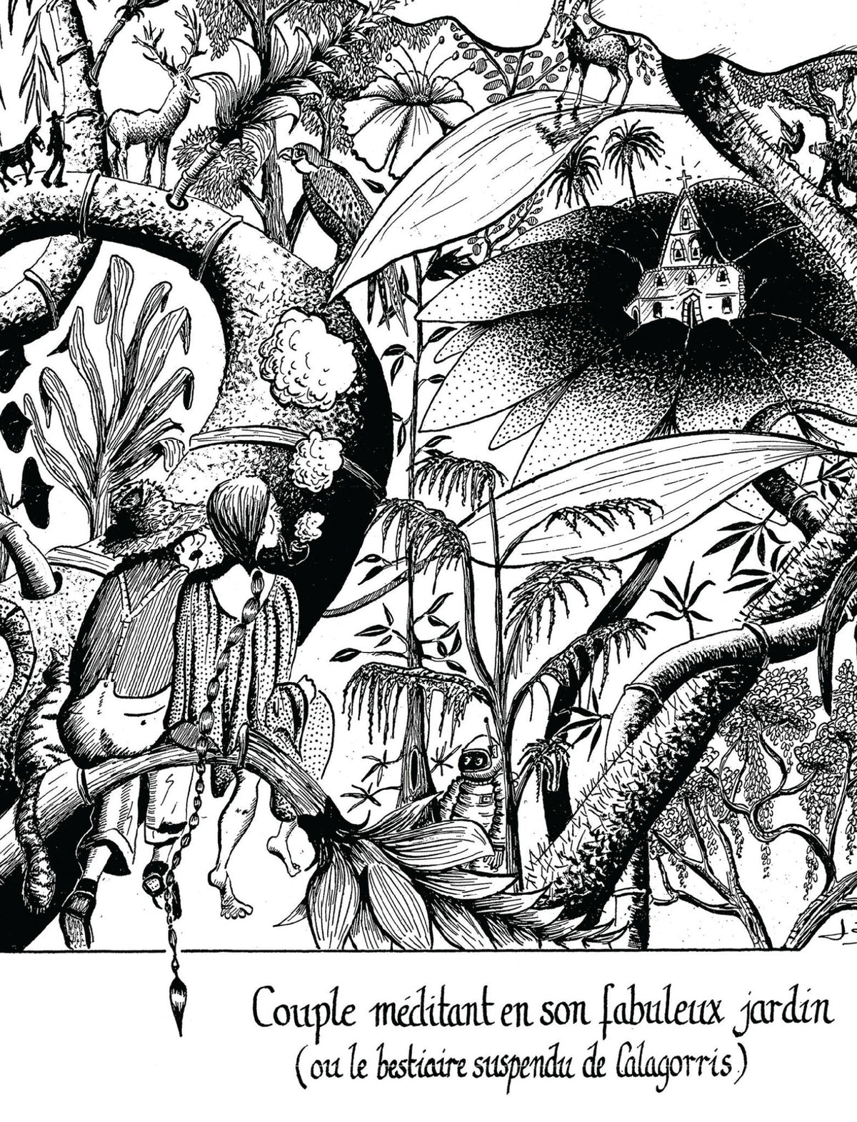 Toile 30x40 cm : illustration noir et blanc d’un couple méditant dans un jardin fantastique
