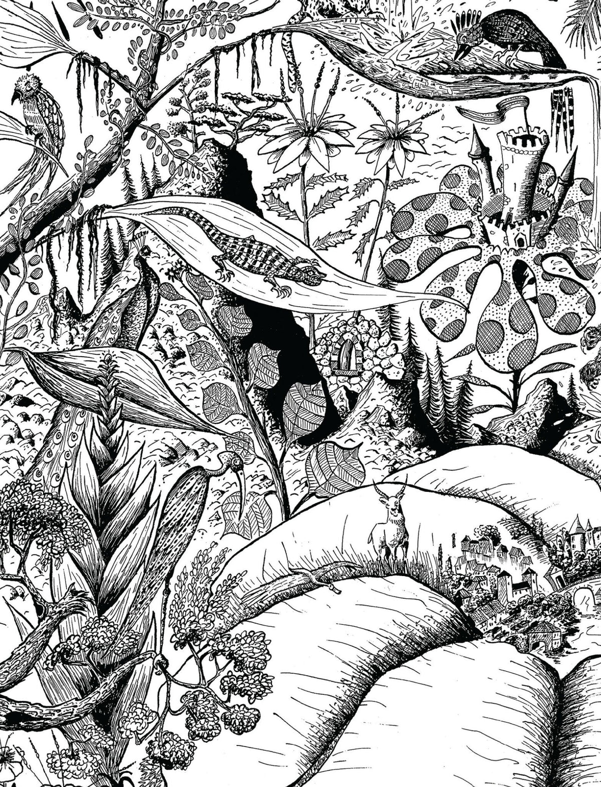 Illustration noir et blanc d’un jardin luxuriant avec couple et animaux, vue rapprochée