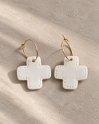 Créoles « Croix Étoilées » Boucles d'Oreilles en Porcelaine Blanche Émaillée