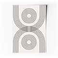Affiche abstraite minimaliste: lignes noires courbes et cercles concentriques sur fond clair