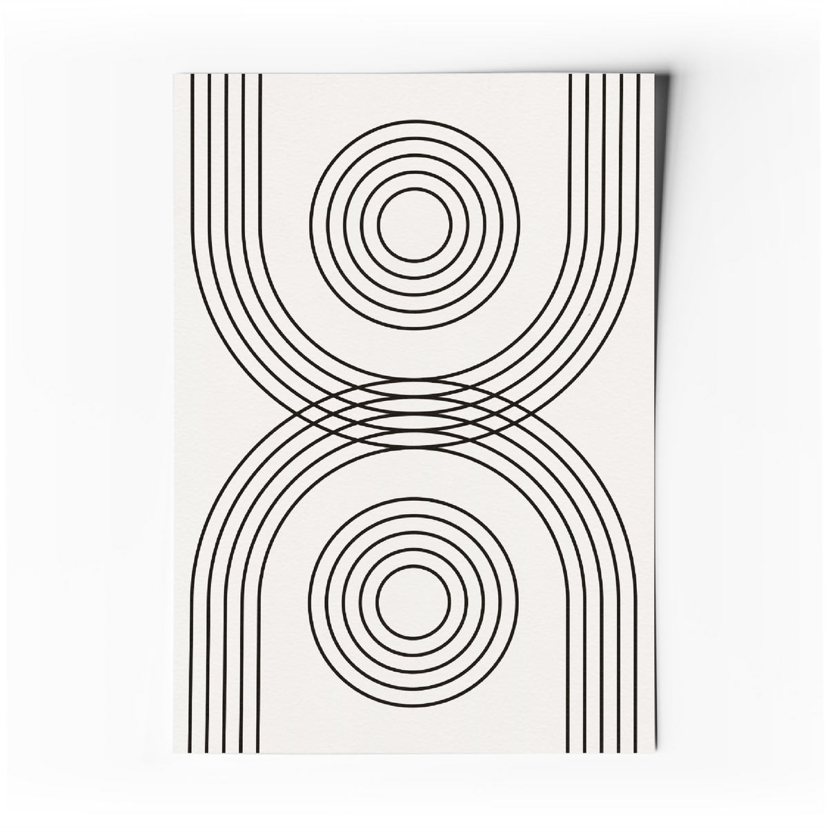 Affiche abstraite minimaliste: lignes noires courbes et cercles concentriques sur fond clair
