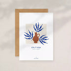Carte de vœux blanche avec enveloppe kraft, illustration bleu et terracotta « Cultiver »