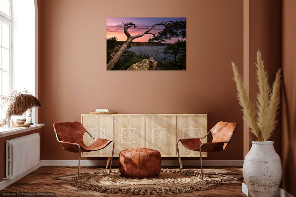 Tableau encadré avec paysage au coucher du soleil, accroché sur le mur