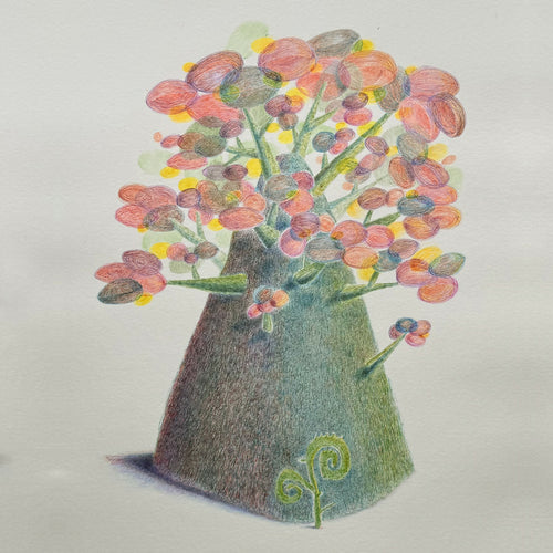 Tableau illustré : grand vase vert et bouquet de fleurs rondes multicolores