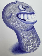 Figurine tête de monstre bleue de profil, grandes dents, yeux ronds, texture pailletée