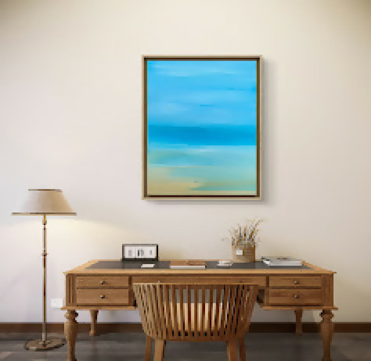 Tableau bleu lagon avec horizon et vagues stylisées, cadre bois clair.