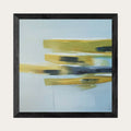 Tableau abstrait encadré noir, bandes horizontales vert olive et bleu sur fond clair.