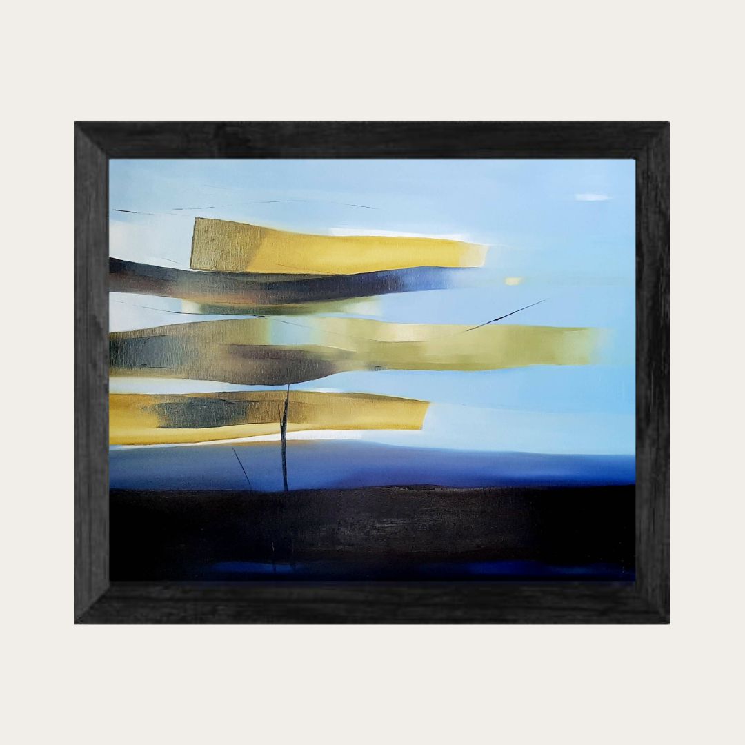 Tableau abstrait encadré noir, aplats jaune et bleu sur fond sombre
