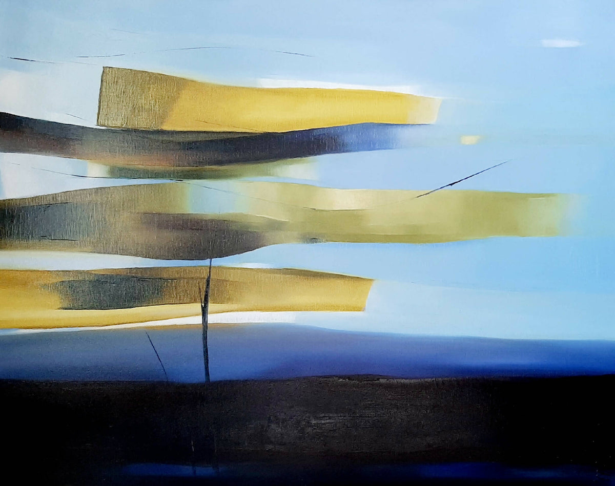 Tableau abstrait encadré, touches jaunes et bleues, formes rectangulaires