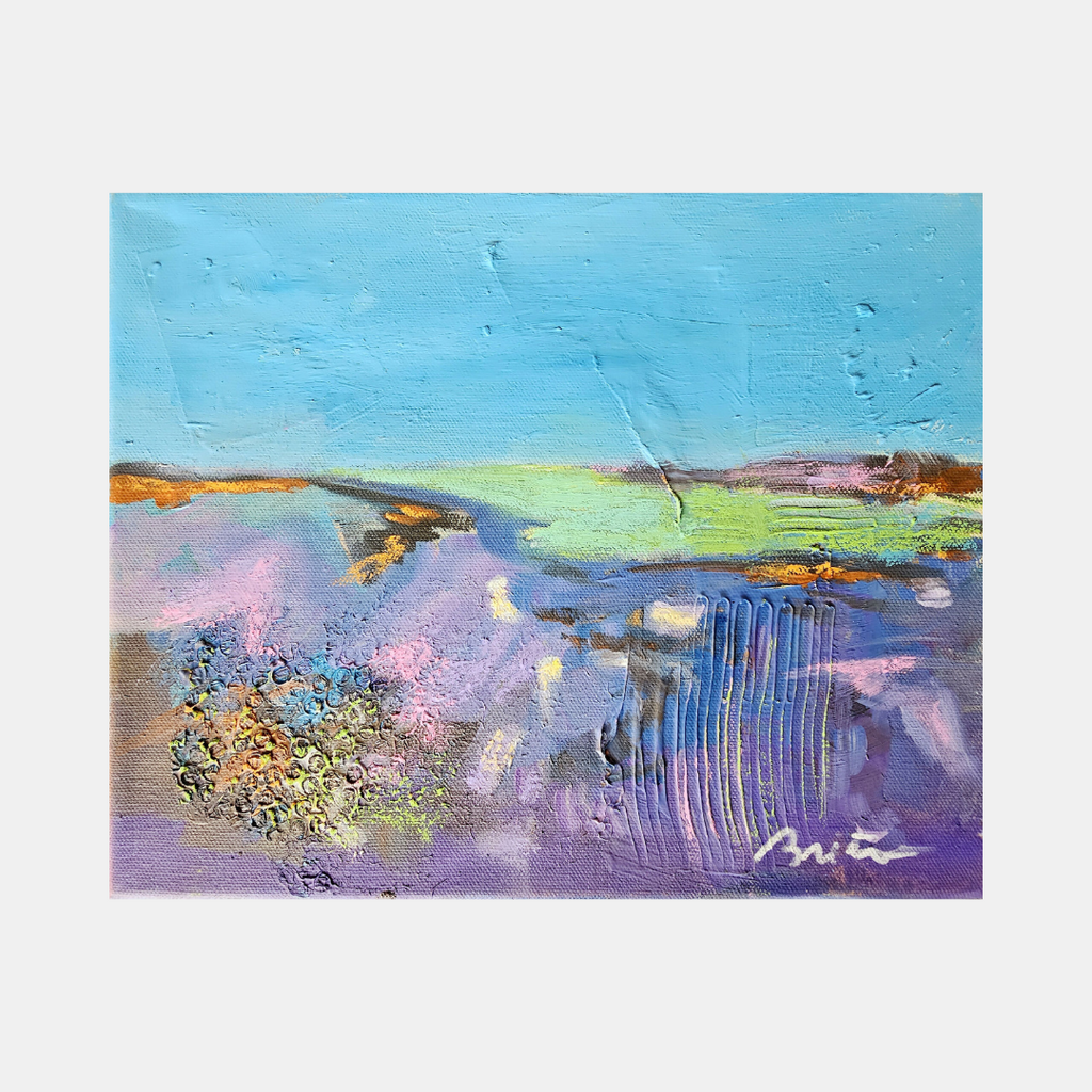 Toile abstraite colorée : ciel bleu, nuages pastel et paysages texturés