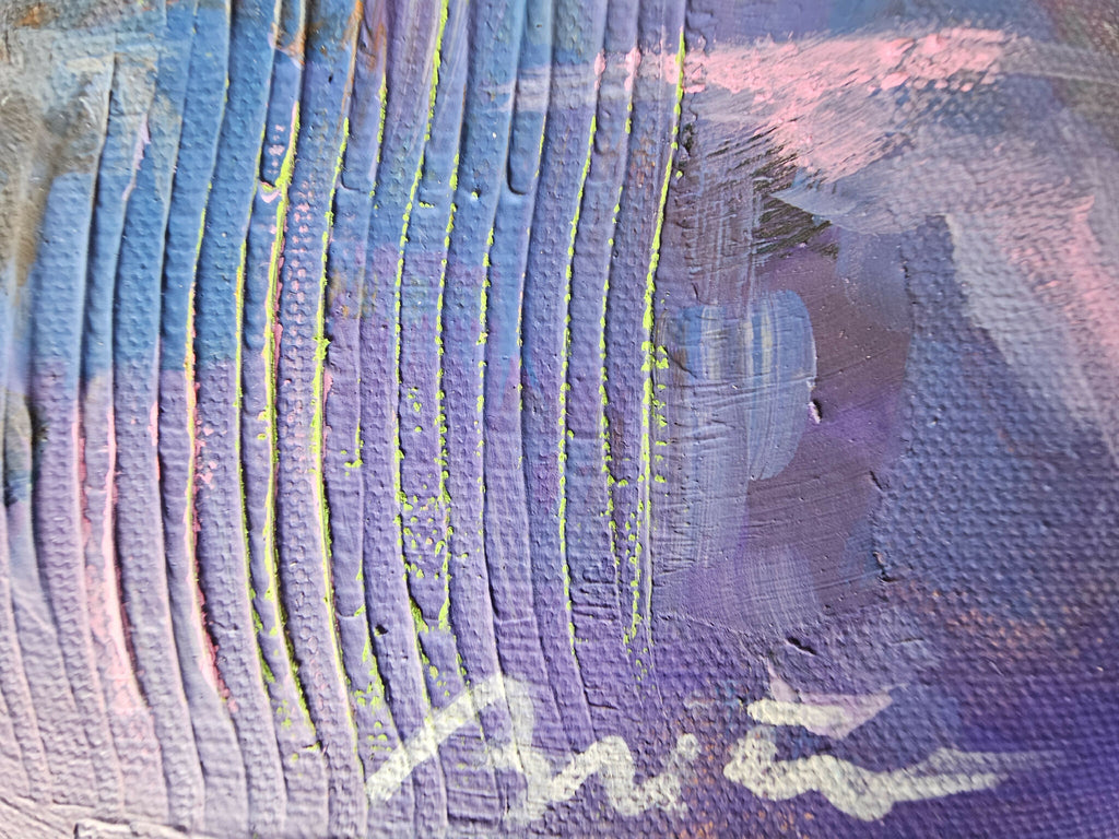 Section du tableau : lignes verticales bleues et formes pastel sur fond violet