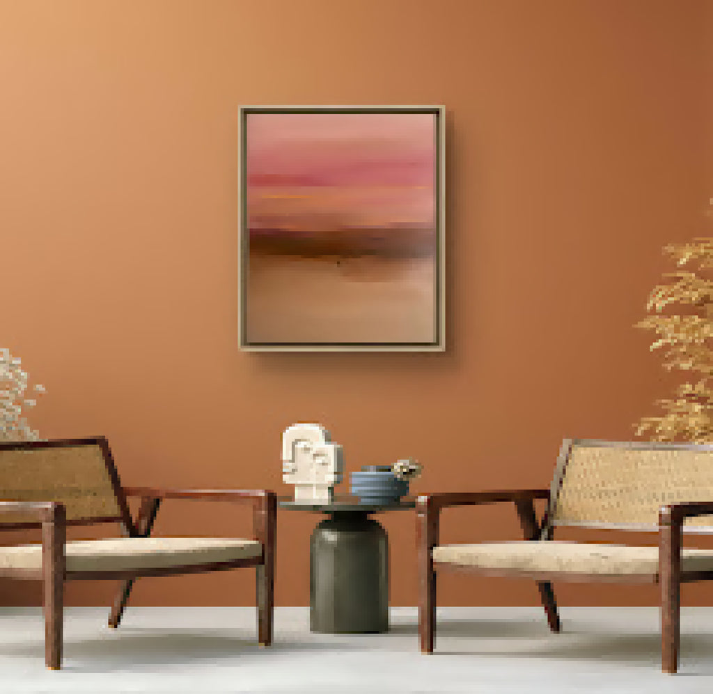 Tableau Côte Sauvage à cadre doré, rectangle abstrait rose et beige, horizon diffus.