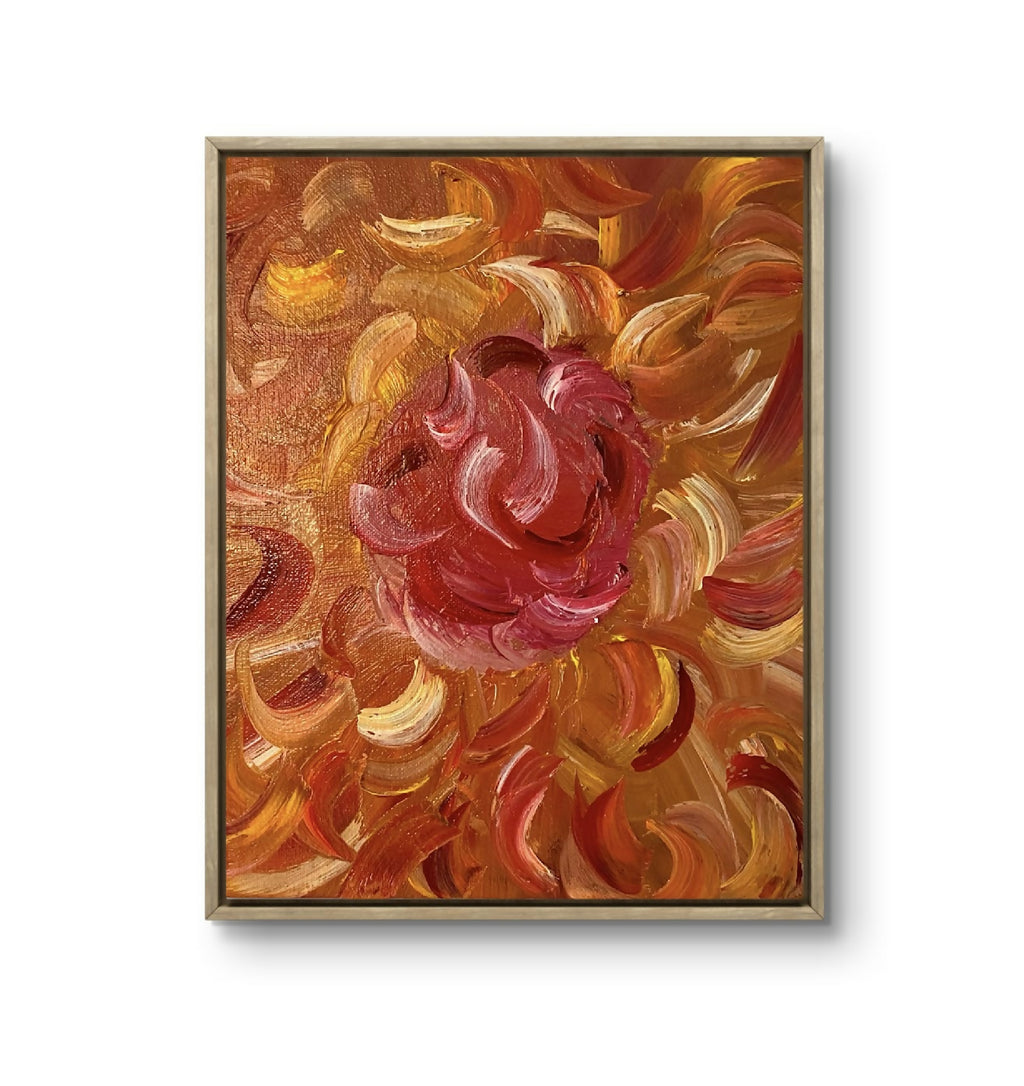 Tableau décoratif abstrait à fleurs, cadre doré, motif tourbillonnant rose et ocre.