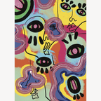 Détail de l’impression abstraite multicolore : yeux, formes ondulées et contours.