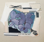 Collage imprimé sur papier avec fleurs violettes, ruban vert et éléments graphiques.