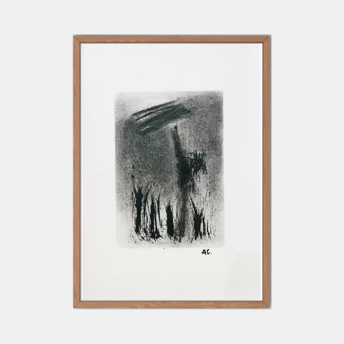 Tableau abstrait encadré, fond clair, touches sombres et traits noirs au pinceau