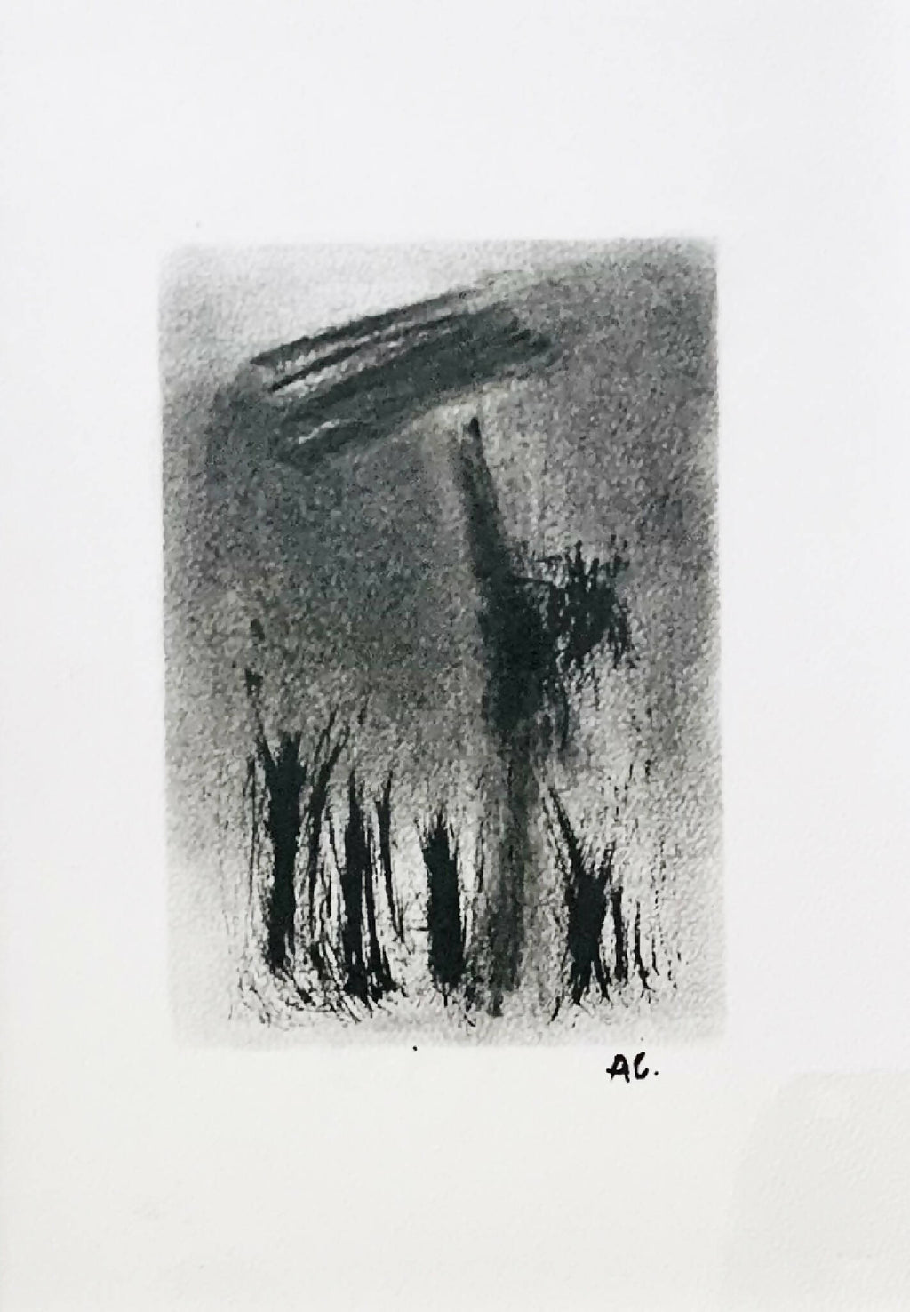 Tableau abstrait sur fond clair : aplats gris et traits noirs au pinceau