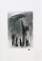 Tableau abstrait sur fond clair : aplats gris et traits noirs au pinceau