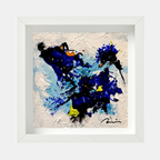 Tableau abstrait encadré Galaxye, touches bleues et jaunes sur fond clair