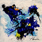 Peinture abstraite encadrée bleu et noir, éclats jaunes, signature au coin