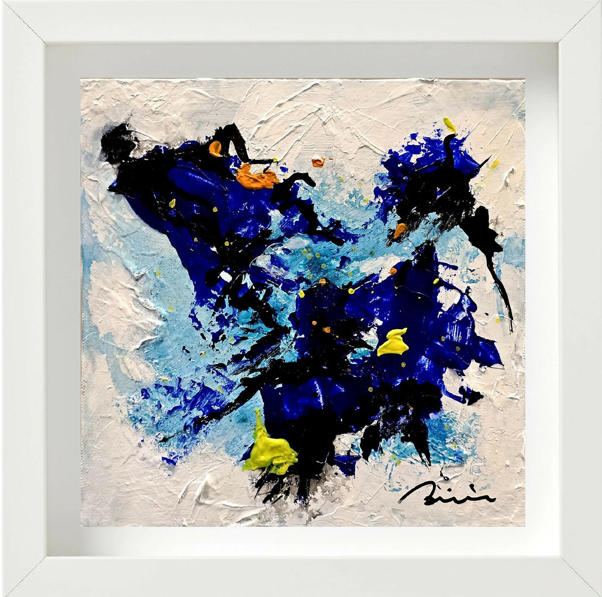 Peinture abstraite bleu et noir avec éclats jaunes, dans un cadre blanc