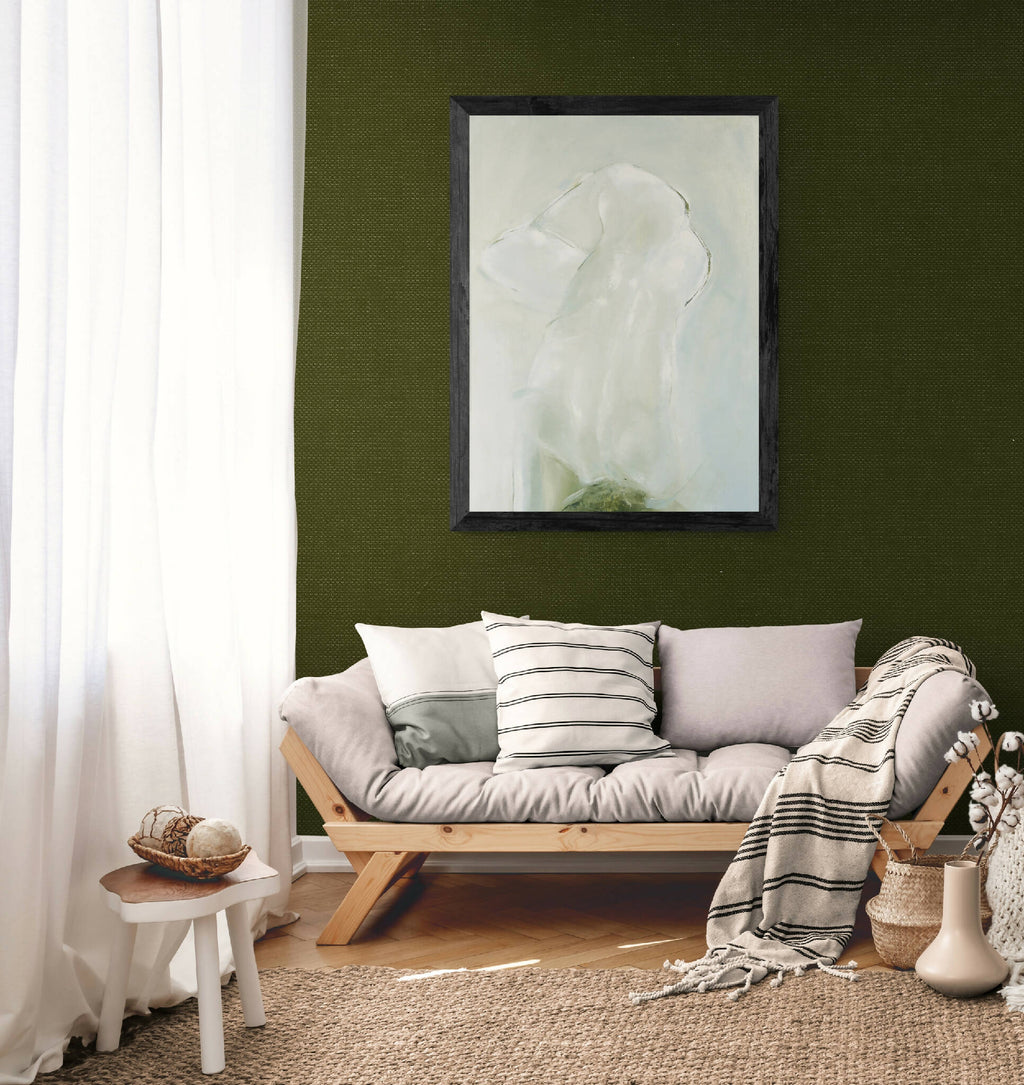 Toile abstraite rectangulaire, nuages blancs et touches vert pâle en cadre sombre