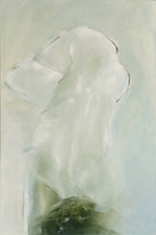 Peinture abstraite, amas blancs et traces vert pâle sur fond clair