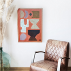 Tableau abstrait encadré Grées, formes géométriques multicolores sur fond corail