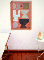 Tableau abstrait encadré Grées avec bordure brun, formes colorées et noir sur fond clair