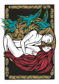 Affiche illustrée rectangulaire, bord doré, figures blanches et draperie rouge