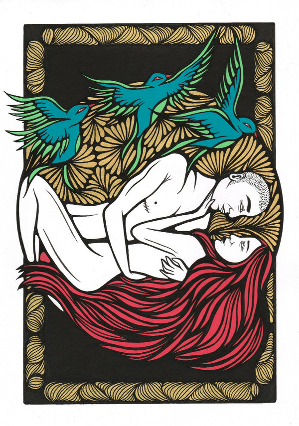 Affiche illustrée rectangulaire, bord doré, figures blanches et draperie rouge