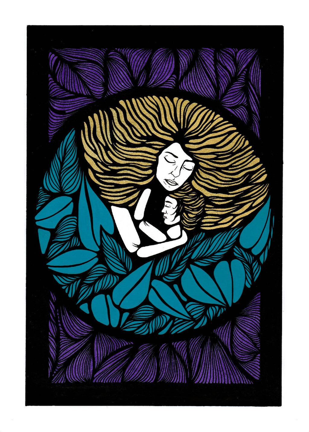 Illustration encadrée avec femme et bébé au centre, feuillages bleus/violets et rayures jaunes.