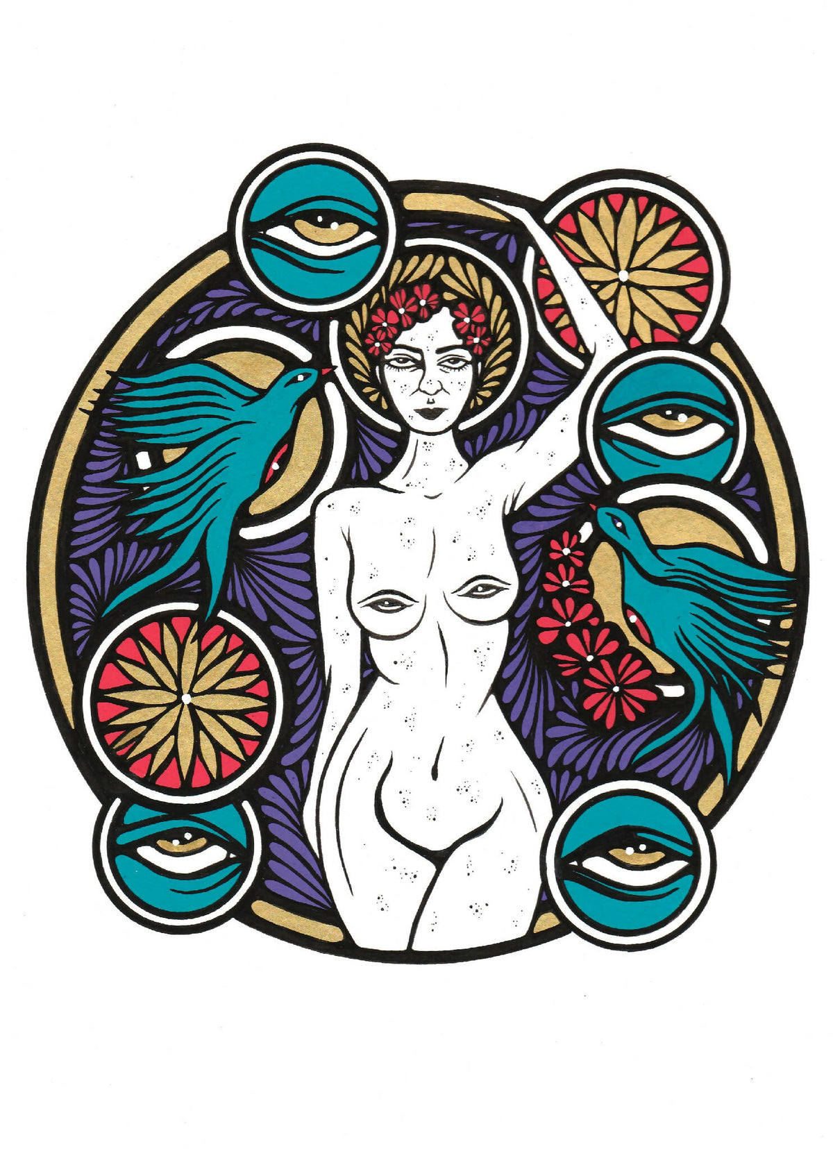 Affiche illustration de femme stylisée, cercle décoratif, oiseaux et fleurs, turquoise, violet, rouge