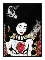 Affiche d’illustration au visage blanc, rose rouge et poissons stylisés sur fond sombre