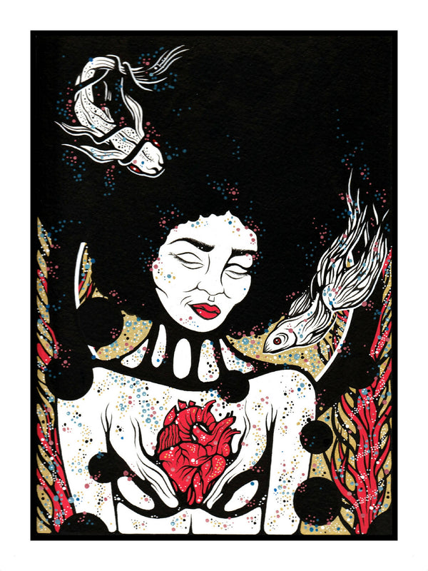 Affiche d’illustration au visage blanc, rose rouge et poissons stylisés sur fond sombre