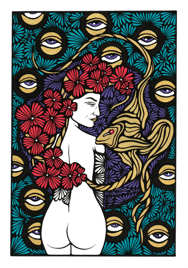 Illustration carrée rapprochée : profil femme blanche face dorée, yeux stylisés, fleurs rouges.