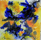 Peinture abstraite Interstellaire avec taches bleues et noires sur fond jaune-orange