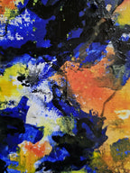Détail de peinture abstraite Interstellaire : éclats de bleu, noir et blanc, texture