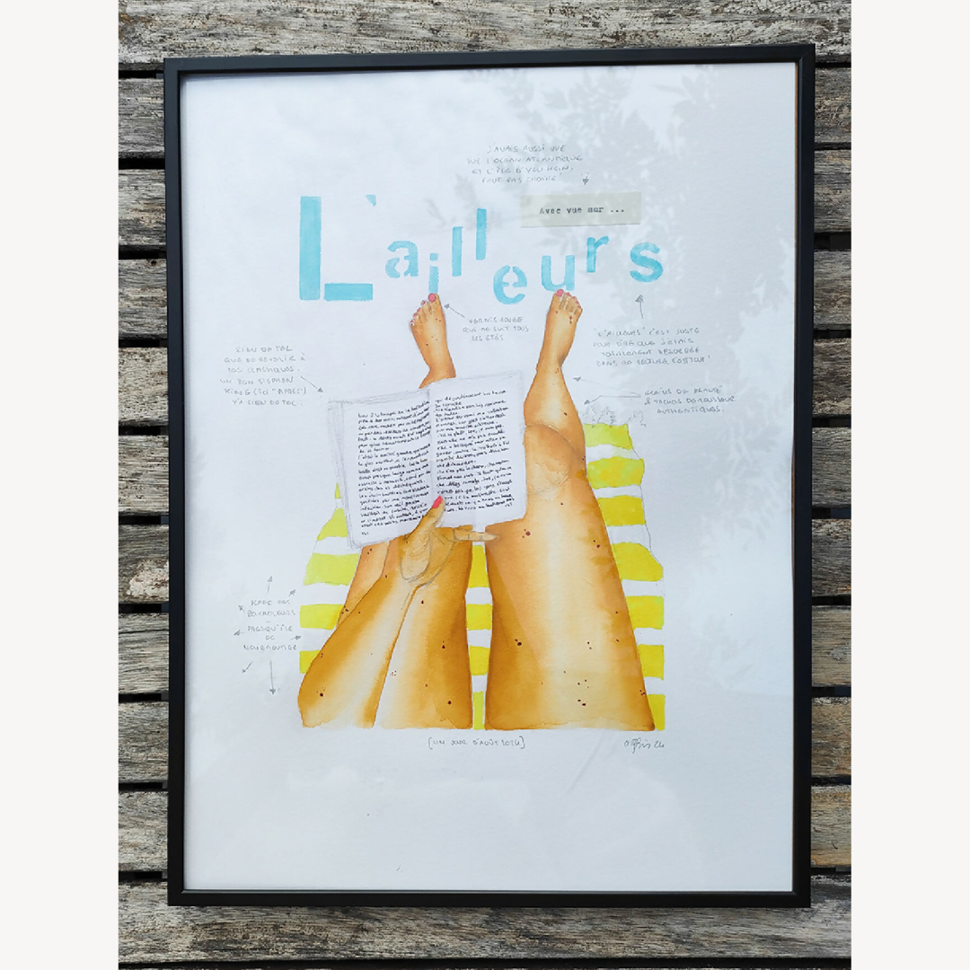 Affiche encadrée L'ailleurs : mains lisant un livre, typographie et formes colorées