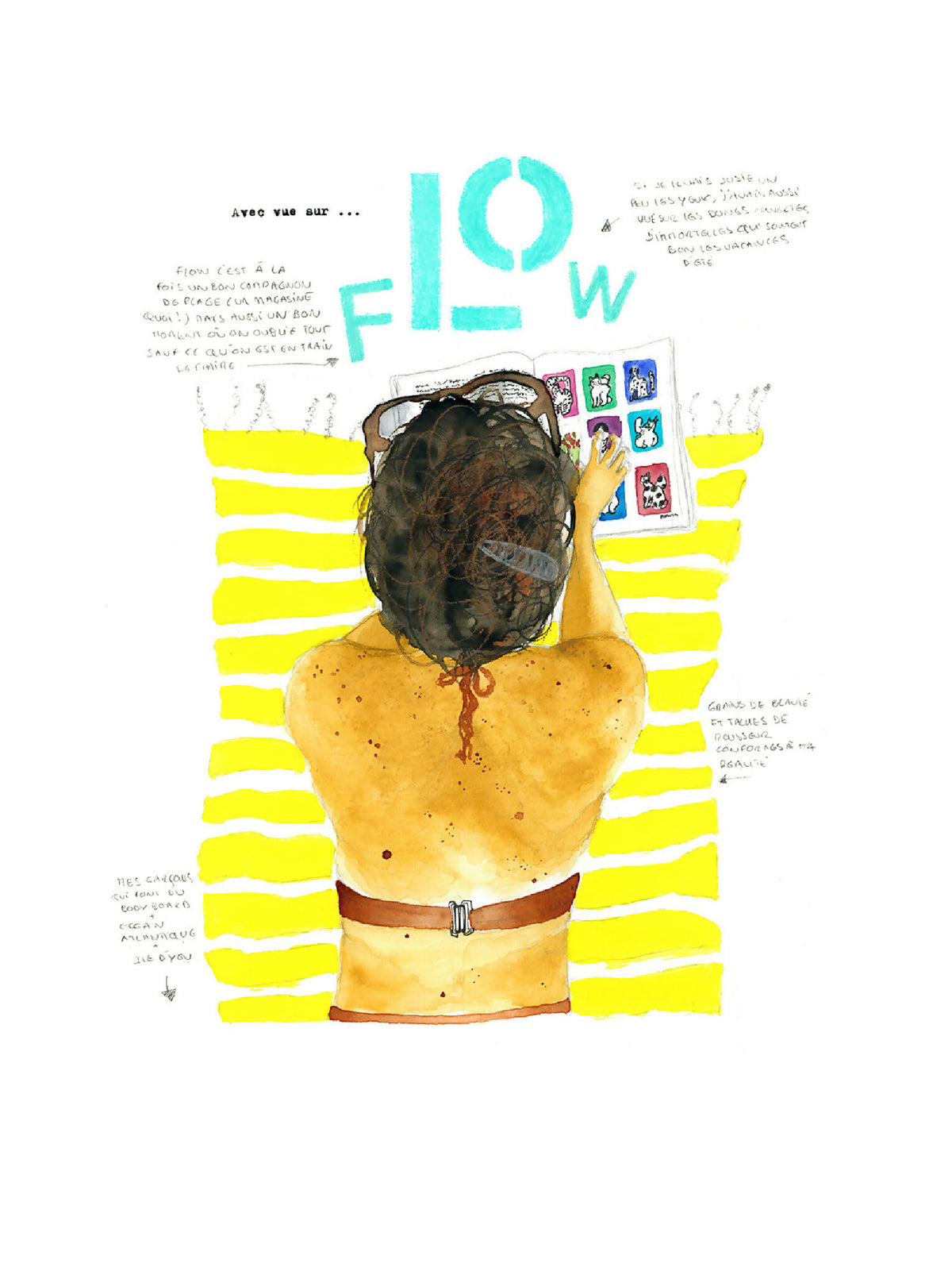 Affiche « Mon flow » : silhouette féminine de dos, texte et pictos colorés.