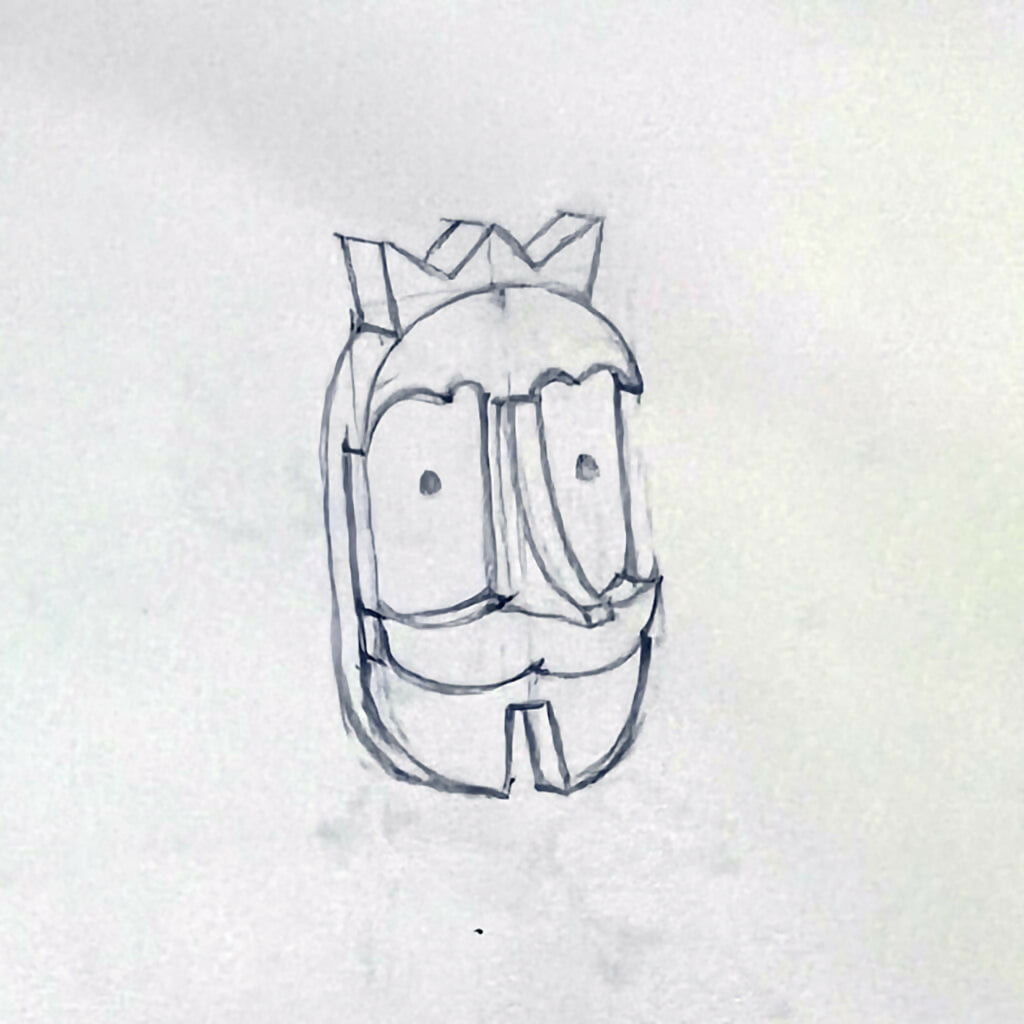 Croquis au trait d’une tête moustachue, illustration sur fond clair.