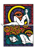 Tableau imprimé en deux volets, figures abstraites aux couleurs vives sur fond clair