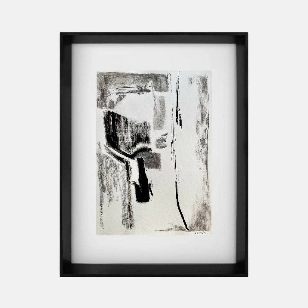 Tableau abstrait encadré avec formes verticales noires et touches grises