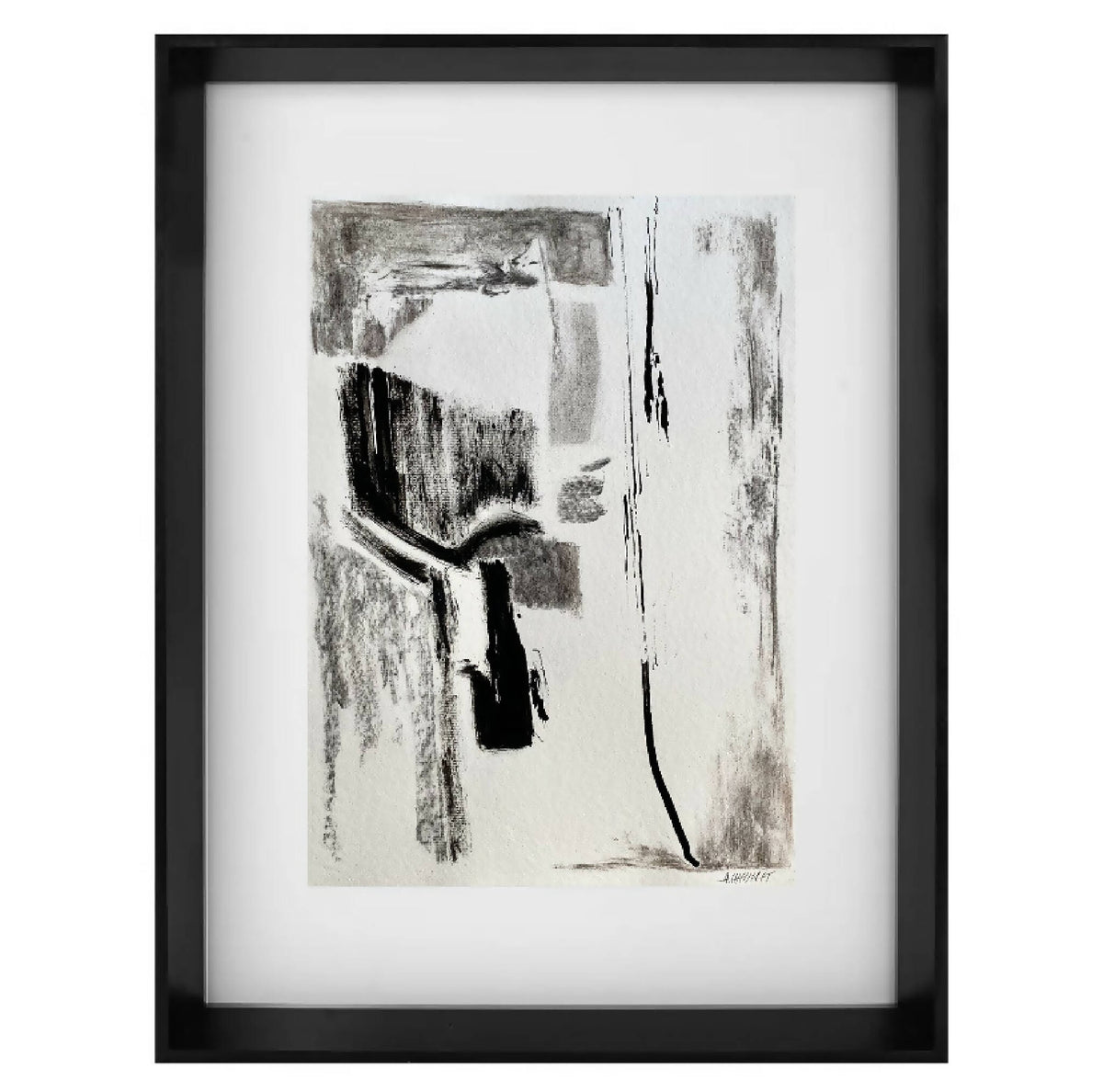 Tableau abstrait encadré, impression noir et gris sur fond clair