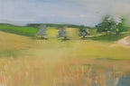 Tableau paysager aux champs jaunes, arbres verts et chemin, peinture aux coups de pinceau