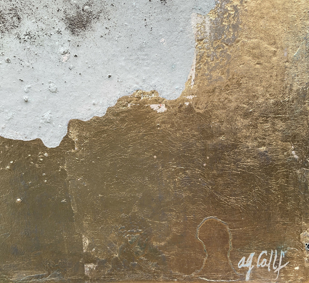 Peinture abstraite « ÉTAIN » avec texture brute, zones dorées et blanc cassé