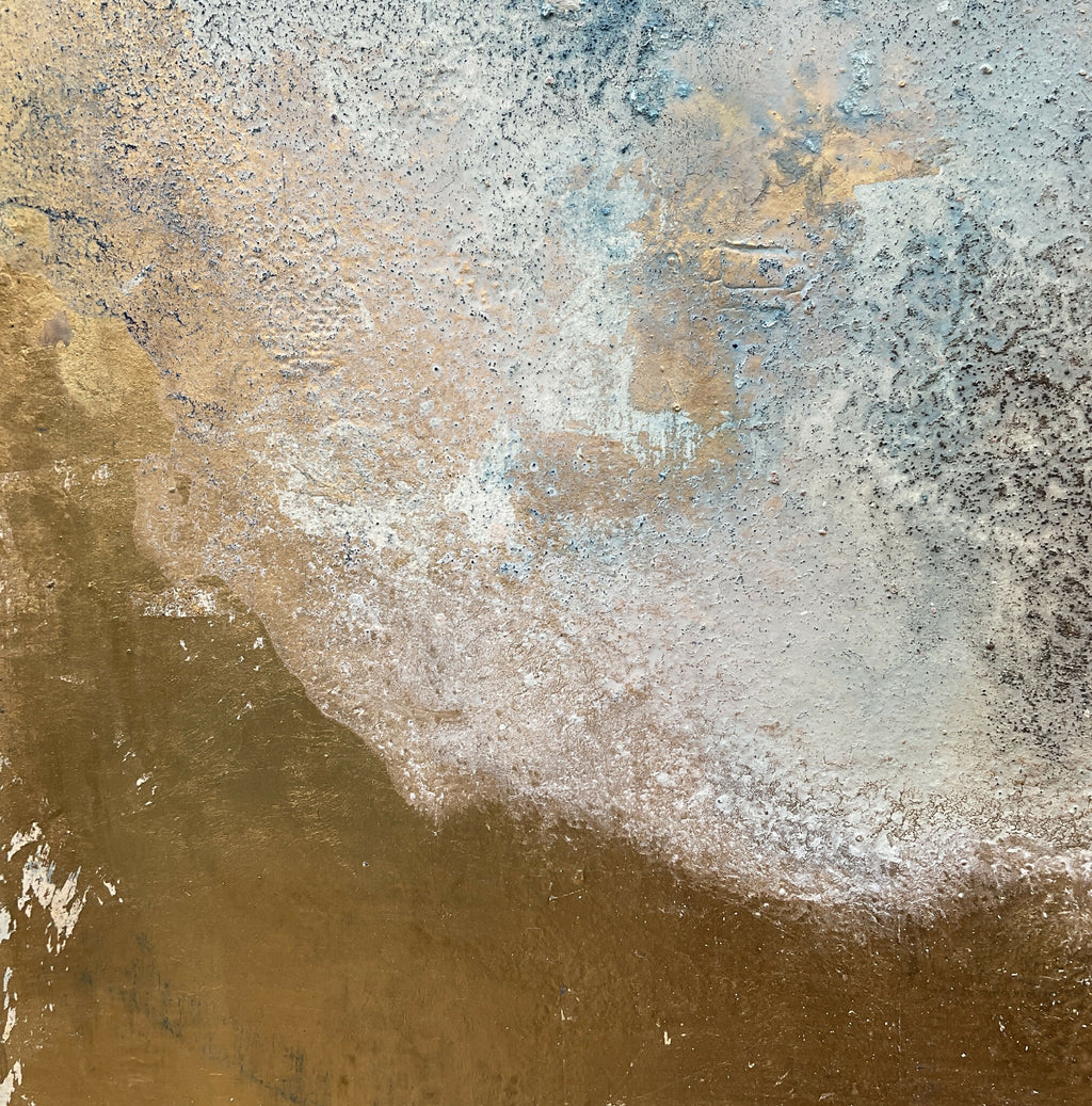 Peinture abstraite « ÉTAIN » : mélange blanc cassé, bleu pâle et nuances brun doré