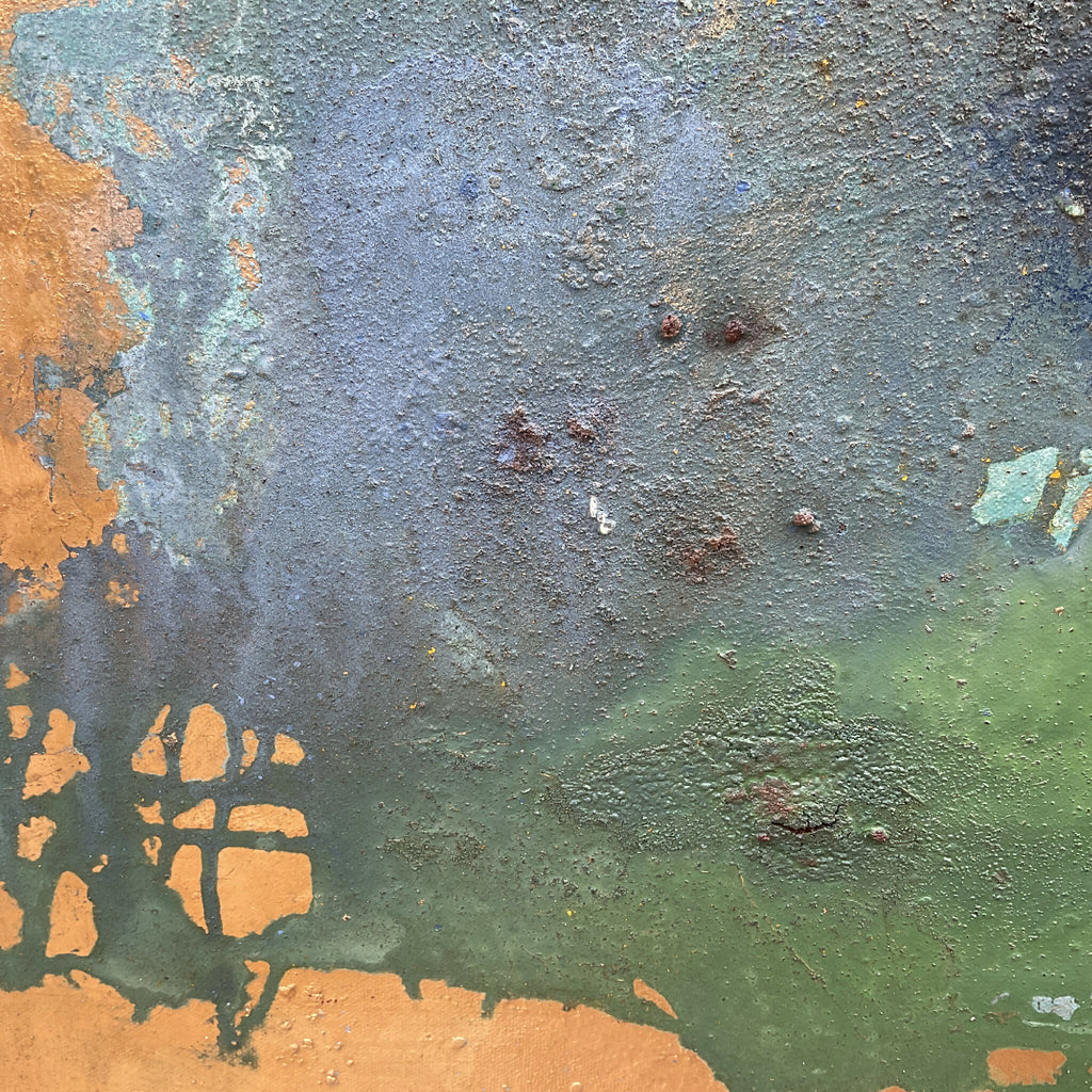 Peinture MELEZE abstraite à texture, bleu clair, vert et ocre sur surface granuleuse.